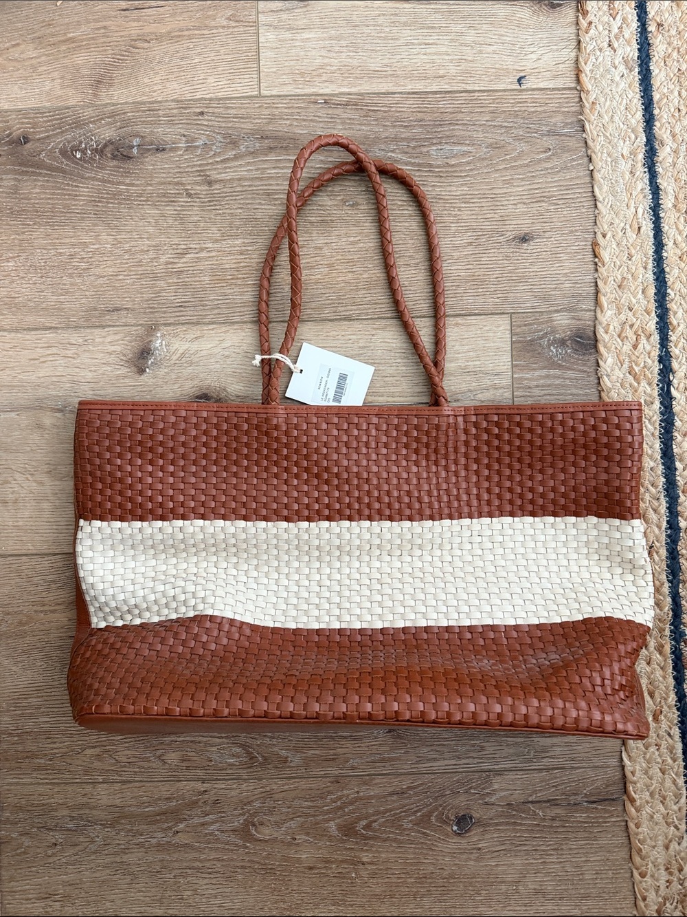 NWT Bembien Woven Two-Tone Tan and Cream Tote Weekender Bag